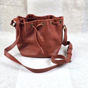 FEED Projects Harriet Leather Drawstring Bucket Bag - Terracotta Brown - EUC